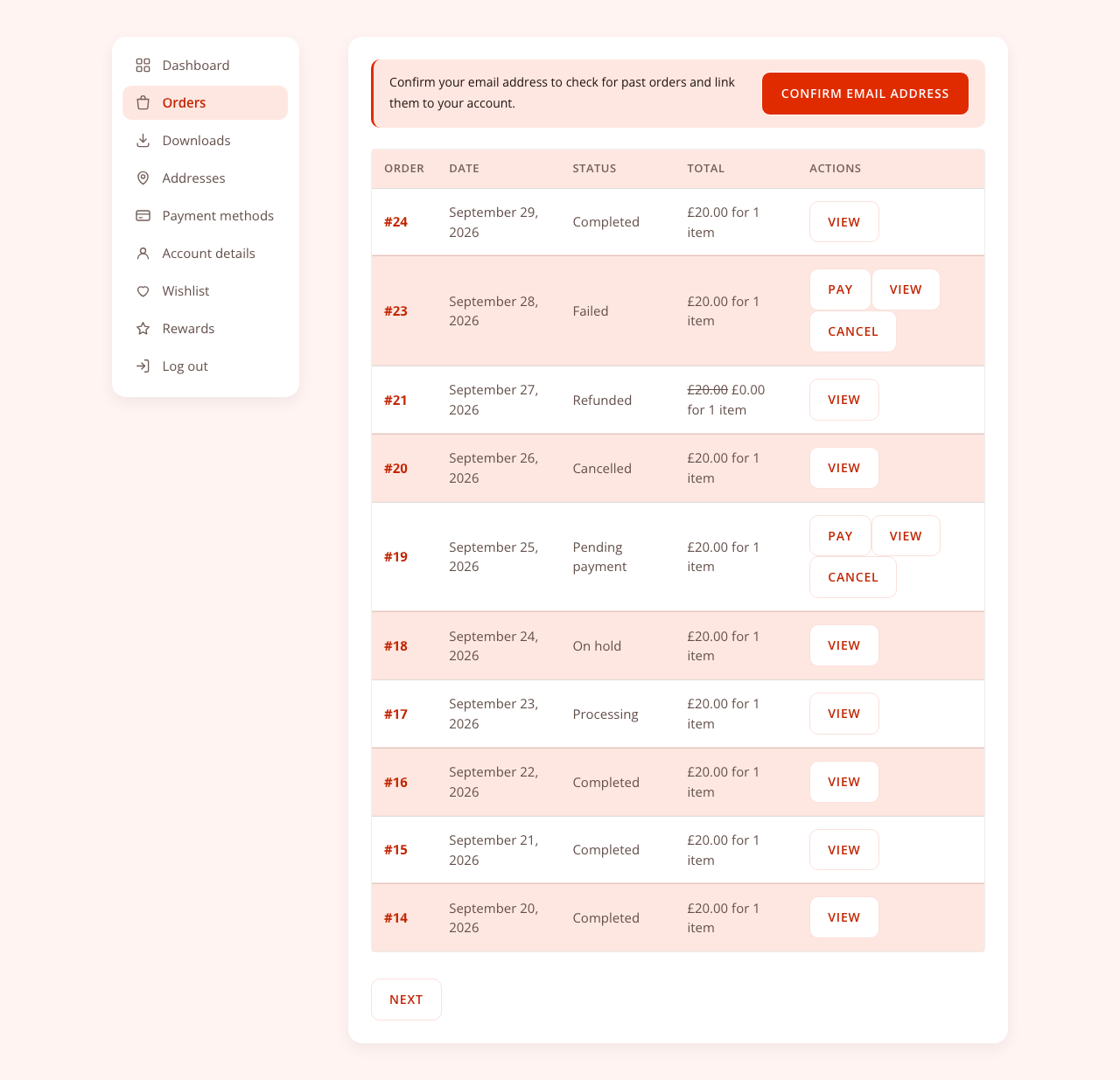 The Soft starter layout: a sidebar account menu beside a striped orders table with Pay, View and Cancel buttons.