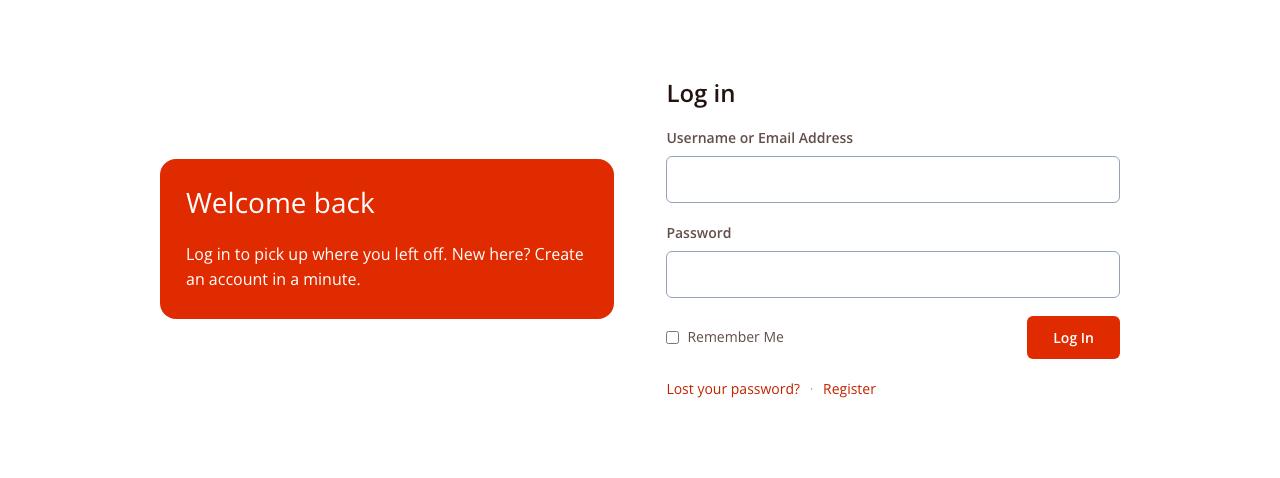The Split login design: a brand-coloured welcome panel beside the log-in form.