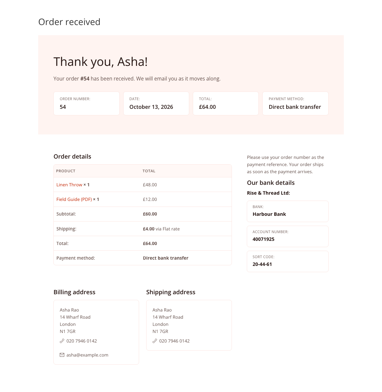 The Celebration Thank You design: “Thank you, Asha!”, the order at a glance, order details and the bank details for payment.
