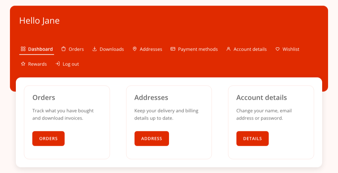 A WooCommerce My Account dashboard built with DiviRise: a brand-coloured band greeting Jane, the account menu as tabs, and cards linking to orders, addresses and account details.